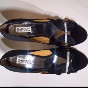 Badgley Mishka Satin Rhinestone Open Toe Pumps